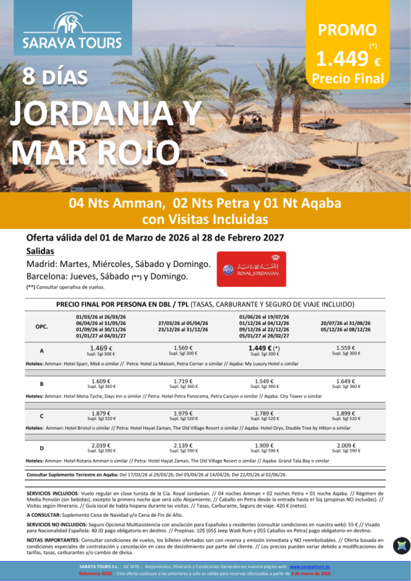 Jordania y Mar Rojo 8 días: Amman, Petra y Aqaba con Visitas Incluidas hasta Febrero 2027