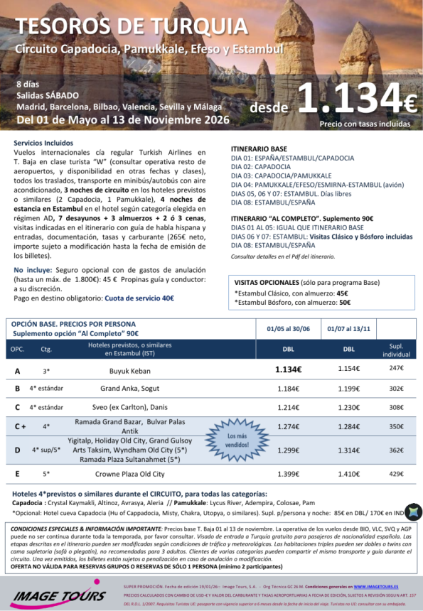 Tesoros de TURQUIA Verano 2026: Capadocia, Pamukkale, Efeso y Estambul, todo avión, 8ds desde 1.134 &euro; 