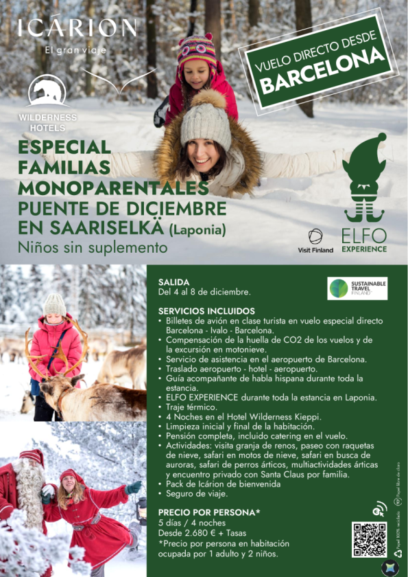 Especial familias monoparentales. Puente de diciembre en Saariselkä. Vuelo directo desde Barcelona