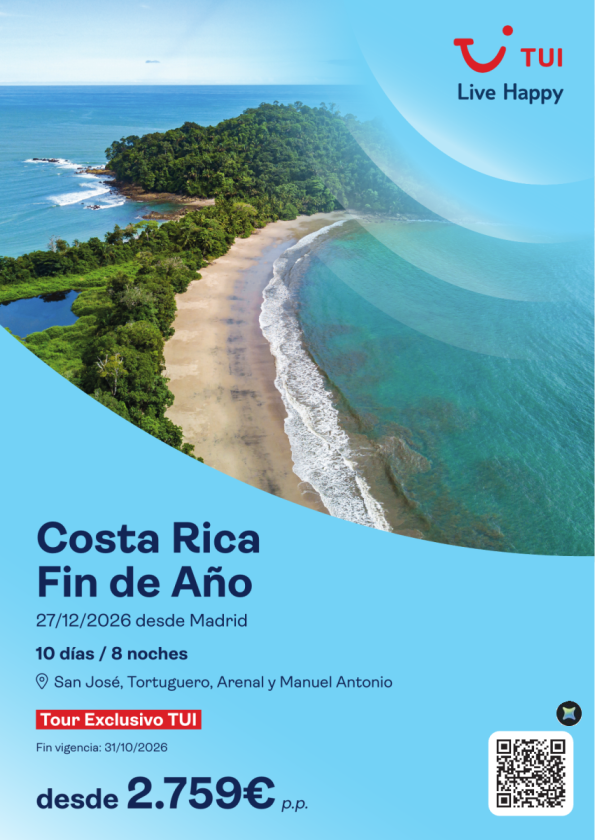 Costa Rica. Fin de Año. 10 días / 8 noches. Tour Exclusivo TUI. 27/12 desde MAD desde 2.759 &euro; 