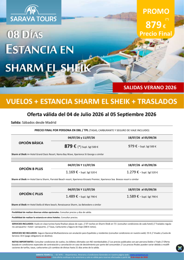 Estancia en Sharm el Sheik 8 dias en Todo Incluido. Salidas desde Madrid . Desde 879 &euro; 