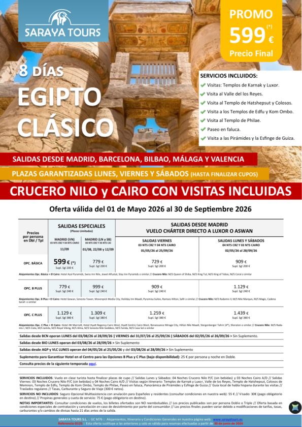 Egipto Clásico 8 días. Crucero y Cairo + visitas *Salidas Bcn, Mad ,Agp ,Bio & Vlc dsd 599 &euro; * hasta Abril27