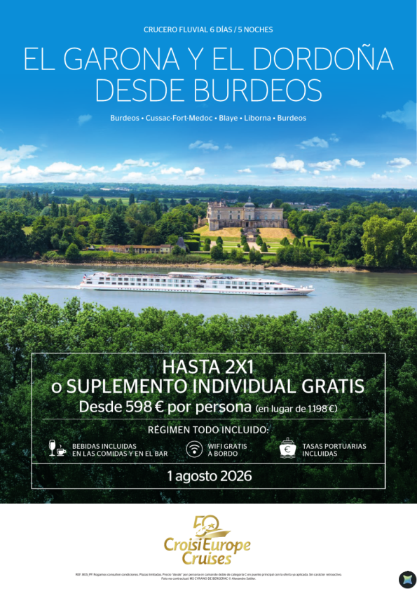 Hasta 2x1 - crucero fluvial por el Garona y Dordoña desde Burdeos - 6 días - Todo Incluido - 01/08