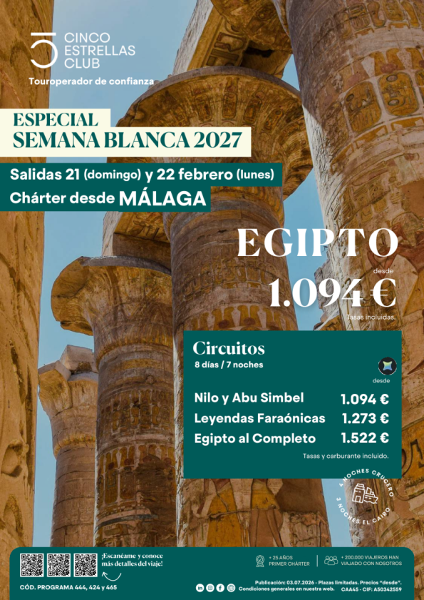 Especial Semana Blanca Egipto dsd 1.094 &euro; sal. 21(domingo) feb y 22(lunes) feb\'27 desde MÁLAGA