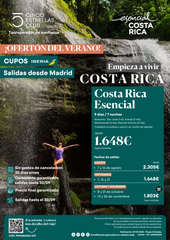 Ofertón | Cupos Iberia dsd Mad Costa Rica Esencial 9d/7ns dsd 1.648 &euro; dsd sal,de agst a nov.ver otros origenes