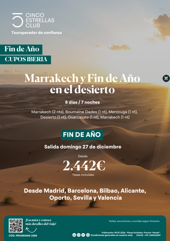 Cupos Iberia| Marrakech y Fin Año en el desierto 8d/7n  Pvp 2.442 &euro; sal. 27.12 dsd Mad,Bcn,Bio,Alc,Opo,Svq,Vlc