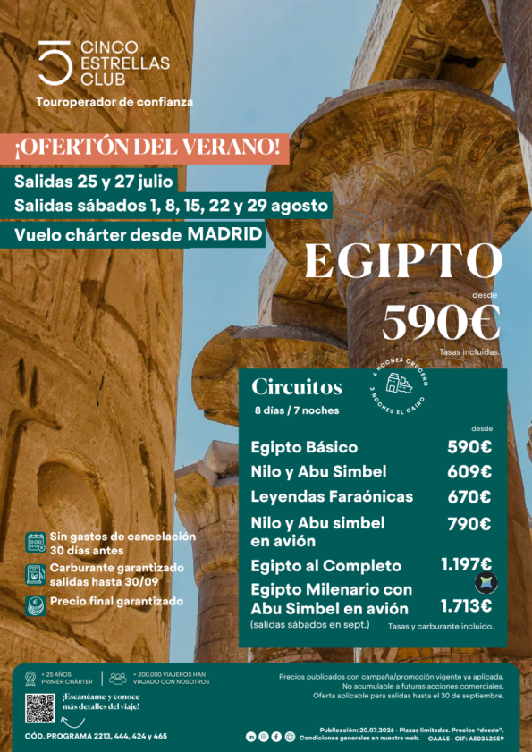 Ofertón verano Egipto dsd Salidas 25 y 27.07 y agosto:1,8,15,22 y29 sábado desde MADRID
