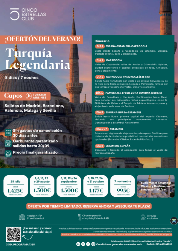 Ofertón Verano | Cupos TK | Turquia Legendaria 8d/7n salidas 25 jul al 7 nov: 995 &euro; dsd Mad, Bcn,Agp,Vl,Svq