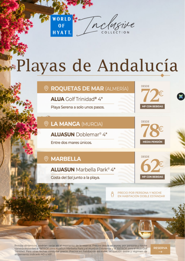 Marbella, La Manga y Roquetas del Mar desde 62 &euro; . Descarga el cartel para tu escaparate