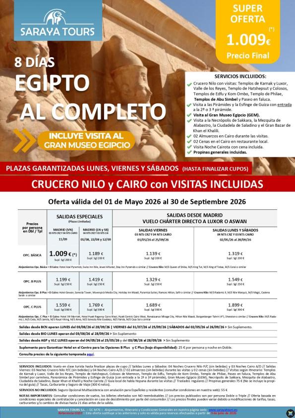 Egipto al Completo 8d. Crucero y Cairo con visitas y mas! Desde 1.069 &euro; *Salidas hasta Abr27