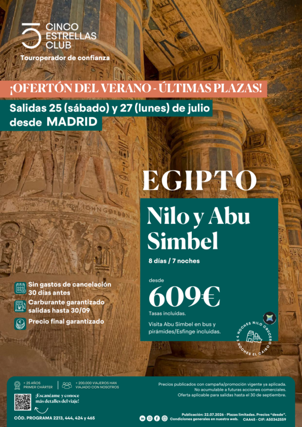 Ofertón verano|Últimas Plazas |Nilo y Abu Simbel 8d/7n dsd 609 &euro; sal. 25 y 27 de julio desde MADRID