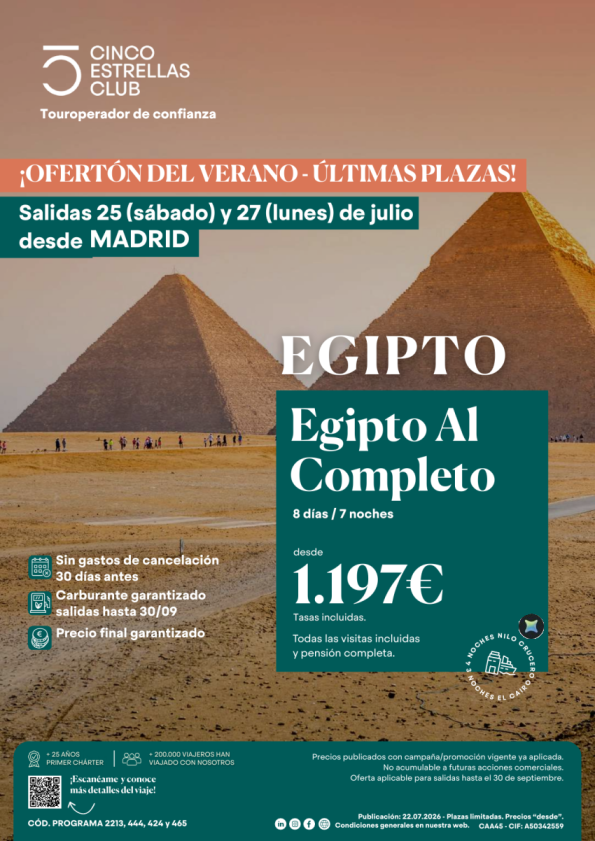 Ofertón Verano|Últimas Plazas| Egipto al Completo 8d/7ns dsd 1.197 &euro; sal 25 y 27 de julio desde MADRID