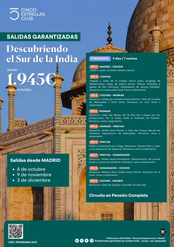 Cupos | Descubriendo el Sur de la India 9d/7n dsd 1.945 &euro; Pvp final todas las salidas 8/10,09/11,03/12