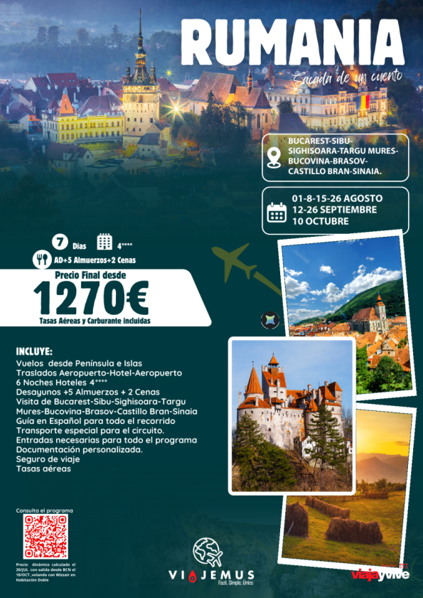 Rumania de cuento. Un tour sorprendente, un destino increíble. Hoteles 4*, con 5 almuerzos y 2 cenas.