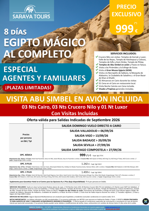 Exclusivo Agentes y Familiares Egipto Mágico al Completo 8 días desde 999 &euro; con Visitas y Abu Simbel en Avión