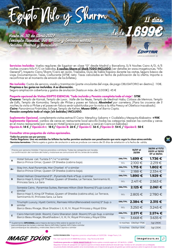 Nilo y Sharm hasta abril 2027, 11 días de viaje a Egipto desde 1.699 &euro; 