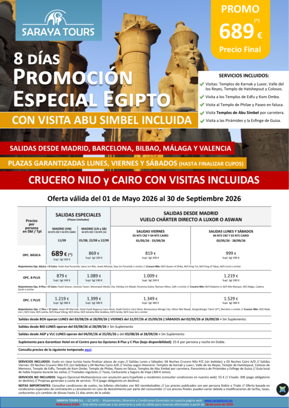  Promo Egipto con Abu Simbel 8días. Crucero y Cairo desde 689 &euro; 