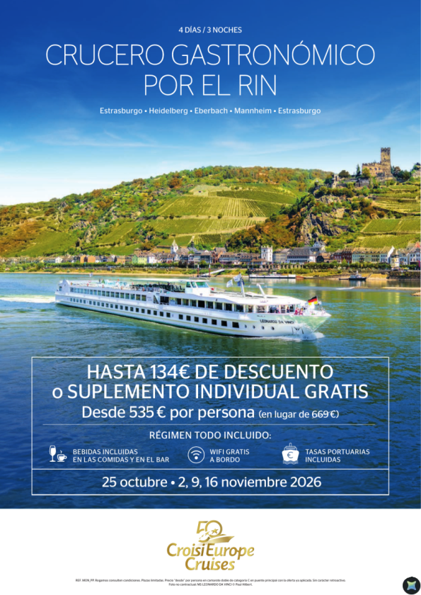 Hasta 134 &euro; DESCUENTO - crucero fluvial gastronómico por el Rin - 4 días - todo Incluido - octubre y noviembre