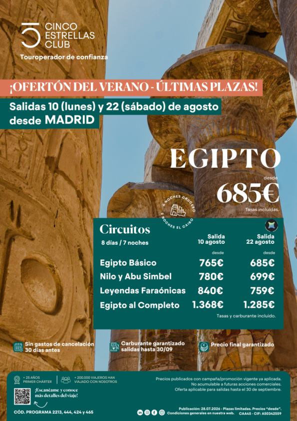 Últimas Plazas Egipto salidas 10(lunes) y 22(sábado) agosto dsd  685 &euro; 8D/7NS sal. dsd MADRID