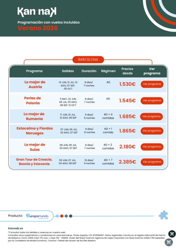 Programación Kannak Verano 2026. Salidas desde Barcelona