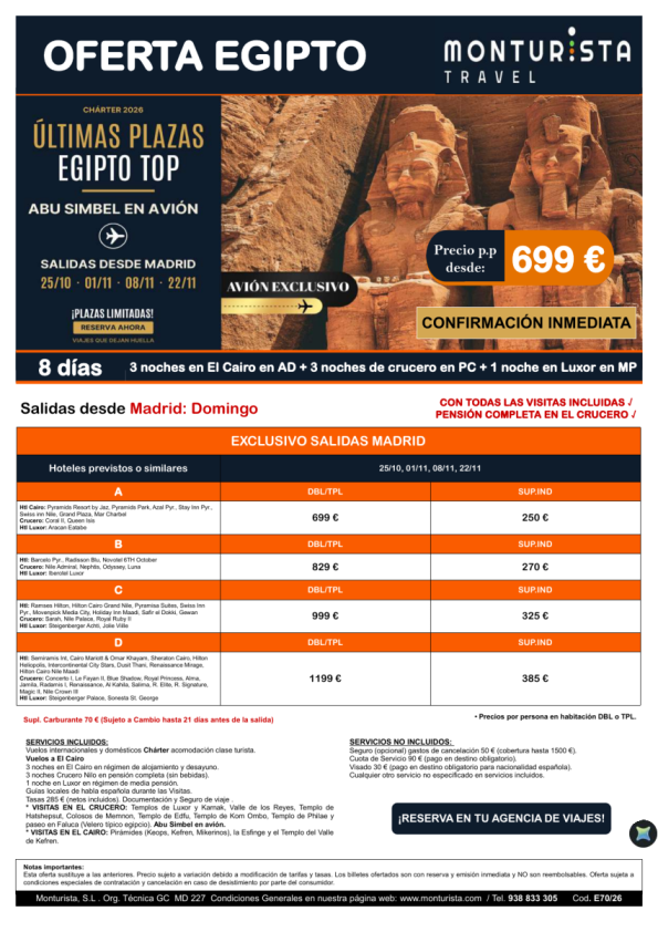 ÚLTIMAS Plazas Egipto Top Abu Simbel en avión*desde 699 &euro; salida MAD domingo 3n cairo+3n crucero+1n luxor+visit