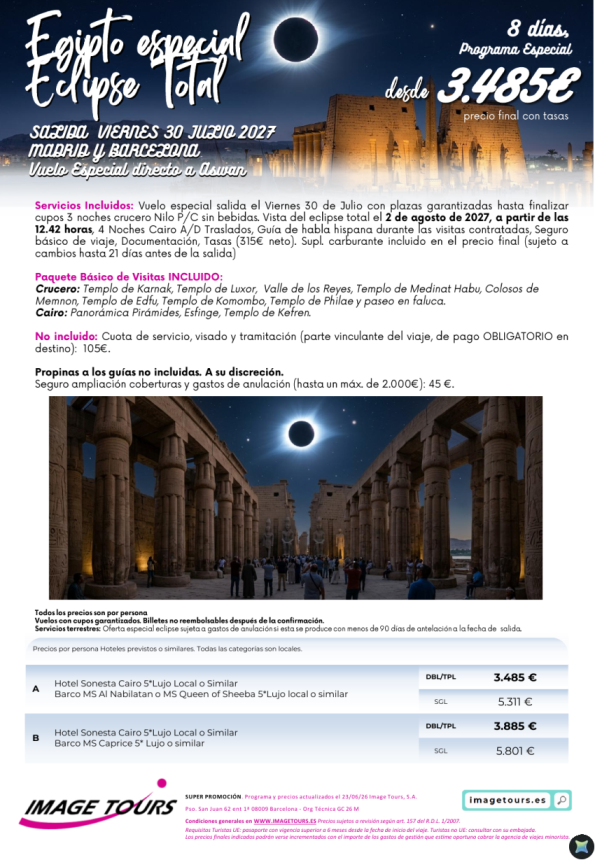 Novedad: Egipto Especial ECLIPSE Total, salida única 30 de julio 2027