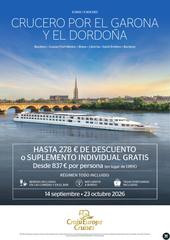 Hasta 278 &euro; DESCUENTO Crucero el Garona y el Dordoña desde Burdeos 6 dias/ 5 noches