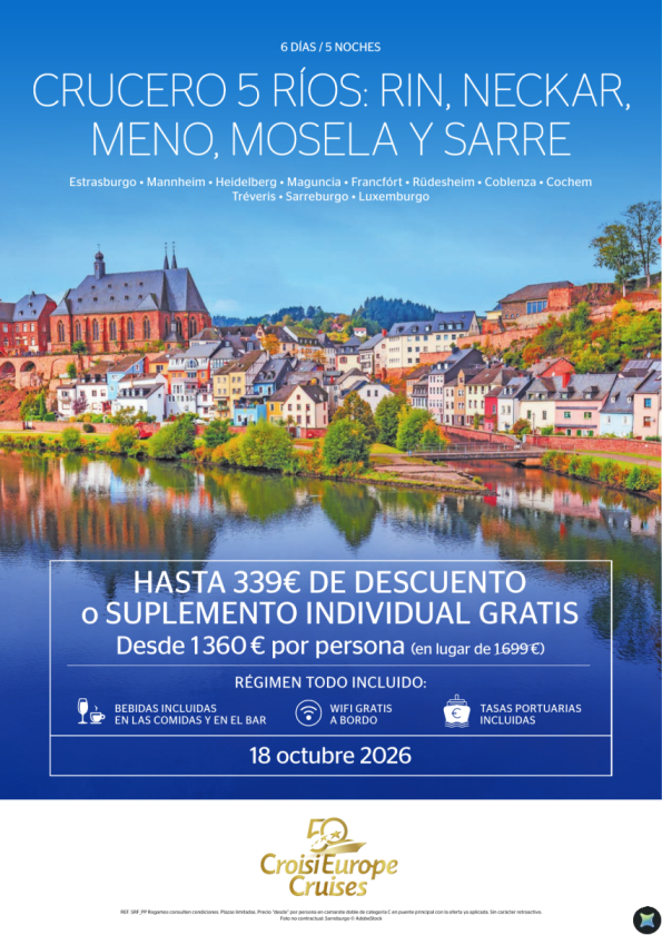 Hasta 399 &euro; DESCUENTO crucero 5 ríos: Rin, Neckar, Meno, Mosela y Sarre - 6 dias/ 5 noches