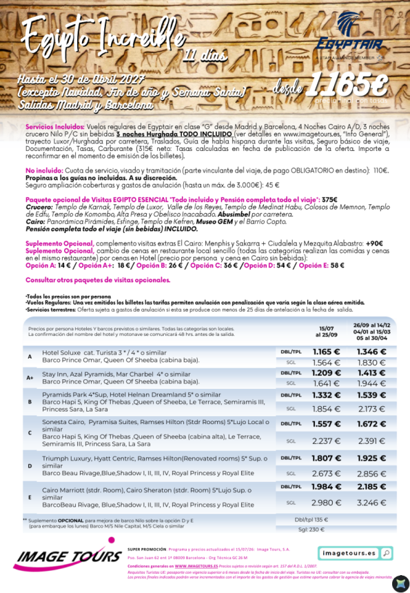 Egipto Increíble hasta abril 2027, 11 días con Cairo AD, Crucero Nilo PC y Hurghada Todo Incluido. Desde 1167