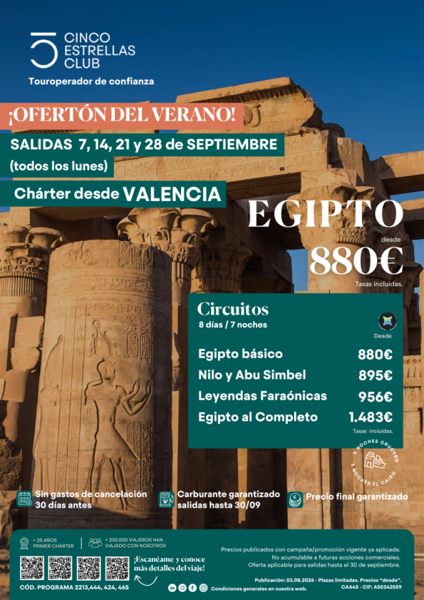 Ofertón verano | Egipto sal. 7,14,21y28 septiembre desde 880 &euro; chárter desde Valencia \