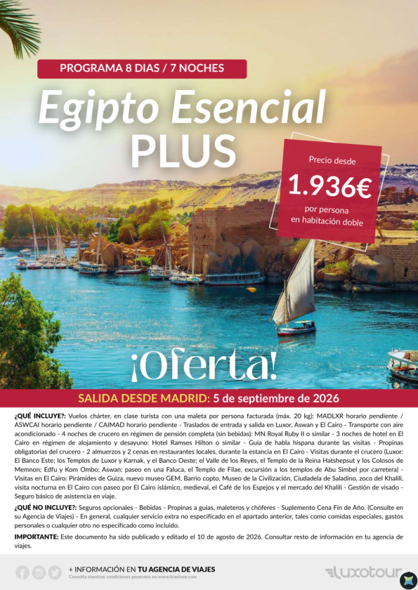 OFERTA - Egipto Esencial   Plus desde 1.936 &euro; , salida 5 Septiembre
