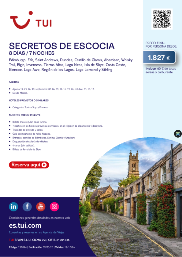 Secretos de Escocia. 8 días / 7 noches. Salidas del 19 AGO al 17 OCT de Madrid desde 1.827 &euro; 