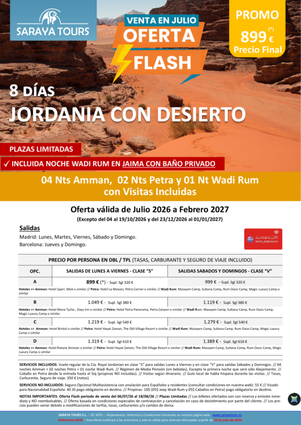OFERTA FLASH Jordania con desierto 8 días! Salidas julio 26 a febrero 27. Desde 899 &euro; 