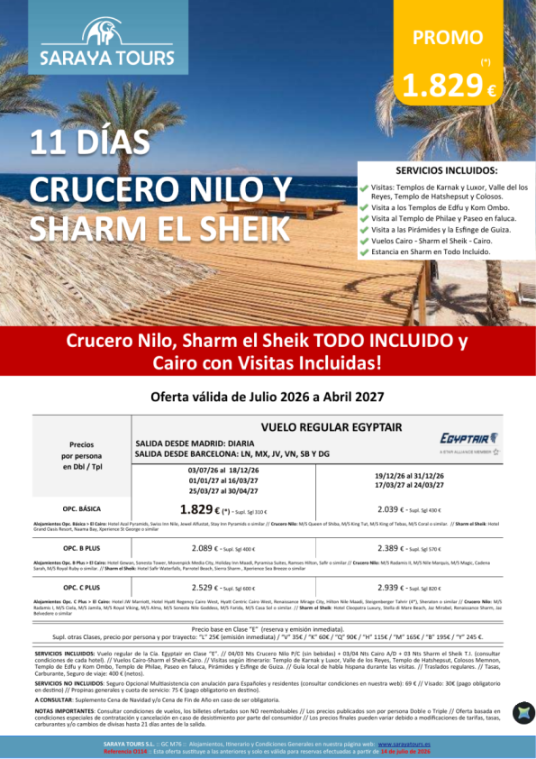 Crucero Nilo y Sharm el Sheik 11d Salida dsd Mad y Bcn *Crz, Sharm en T.I. y Cairo con Visitas* hasta Abril27