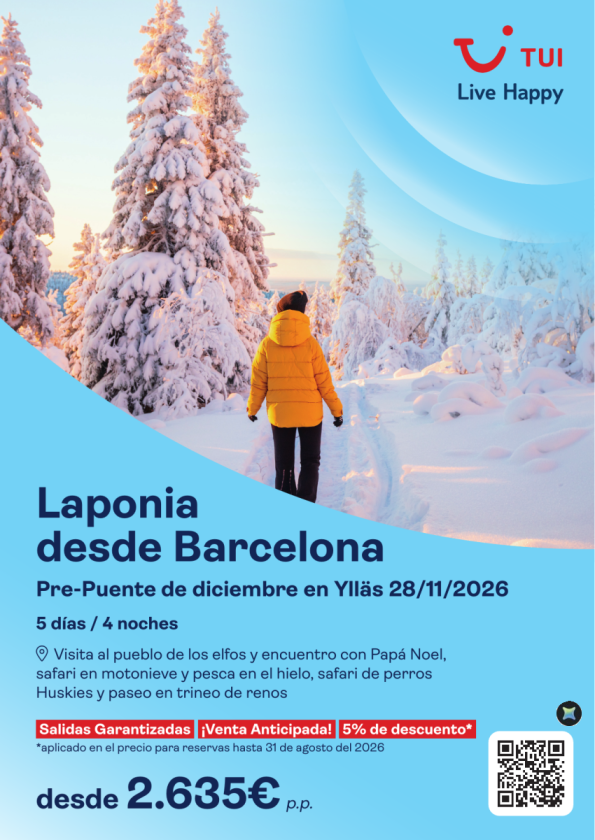 Laponia. Pre-Puente diciembre en Ylläs desde BCN. 5 d/4 n. Salida garantizada. V.A. 5% dto. Desde 2.635 &euro; 