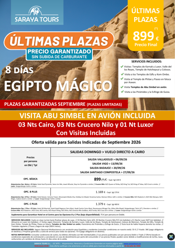 ?Últimas plazas Egipto Mágico con Abs en avion incl. Cairo+crz  con visitas. Salidas Septiembre. Desde 899 &euro; 