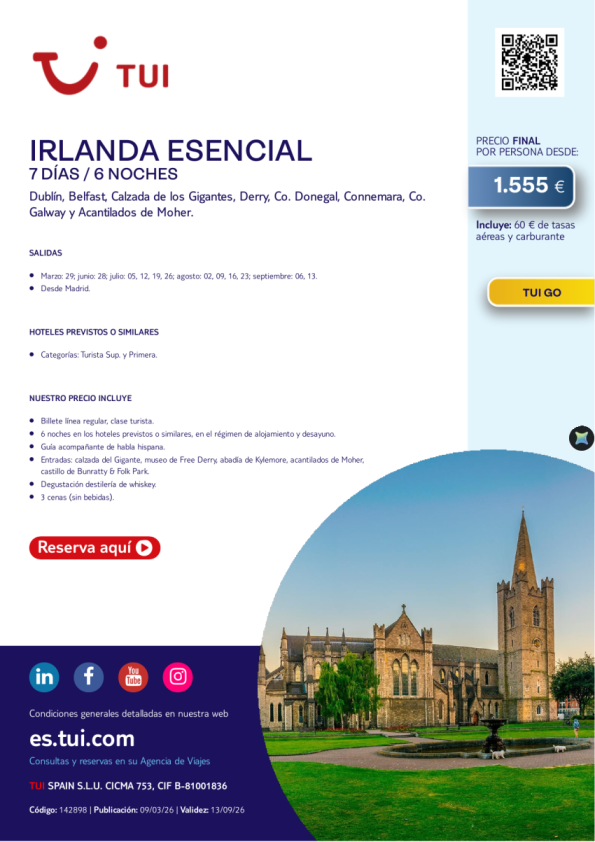 Irlanda Esencial. 7 días / 6 noches. TUI Go. Salidas hasta SEP desde MAD desde 1.555 &euro; 