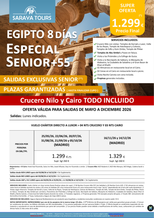 Especial Egipto Senior 8 días *Salidas Mad,Bcn,Bio, Agp & Vlc* Crucero y Cairo con visitas y mas! Hasta Abr27