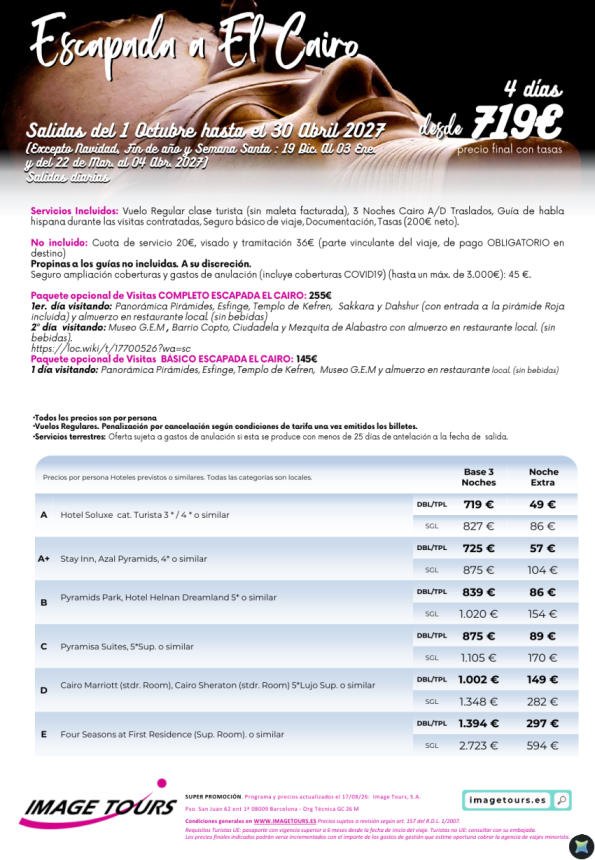 Escapada a El Cairo, 4 días de estancia con visitas opcionales desde 719 &euro; .