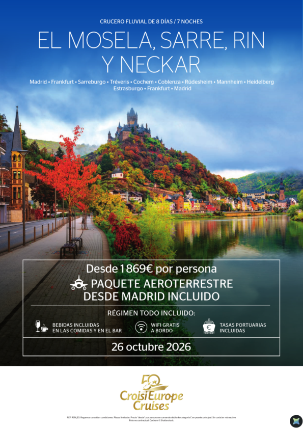 Vuelos INCLUIDOS desde Madrid - crucero fluvial Mosela, Sarre, Rin y Neckar - 5 dias -todo incluido -  26/10