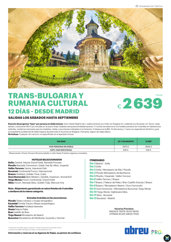 Circuito Trans Bulgaria y Rumania cultural 12 dias desde Madrid