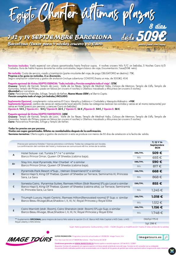 Egipto Charter: Últimas plazas 7, 12 y 14 de septiembre desde 509 &euro; 