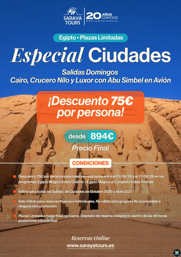 ?Campaña especial CIUDADES Egipto Mágico con ABS en avión incl. *Descuento 75 &euro; p.pax* octubre 26 a abril 27.