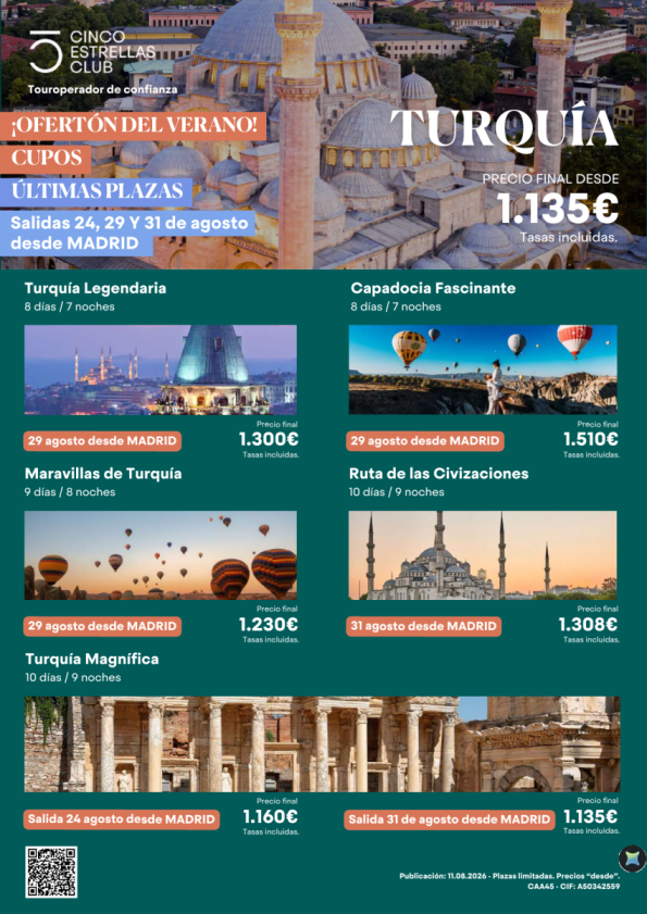 Ofertón Verano |Cupos| Turquia últimas plazas sal. 24, 29 y 31 agosto desde 1.135 &euro; salidas desde MADRID