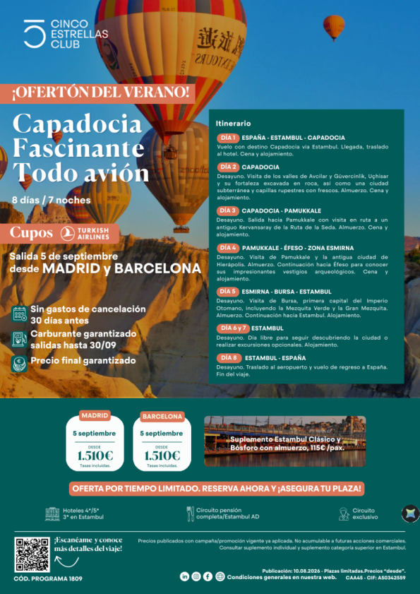 Ofertas Verano |Últimas Plazas Cupos Sept| Capadocia Fascinante 8d/7n dsd 1.510 &euro; sal. 05 sept. dsd Mad y Bcn