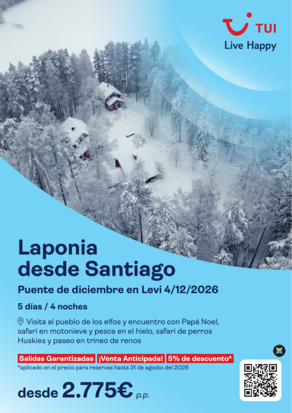 Laponia. Puente de diciembre en Levi desde SCQ. 5 días / 4 noches. 5%Dto VA desde 2.775 &euro; 