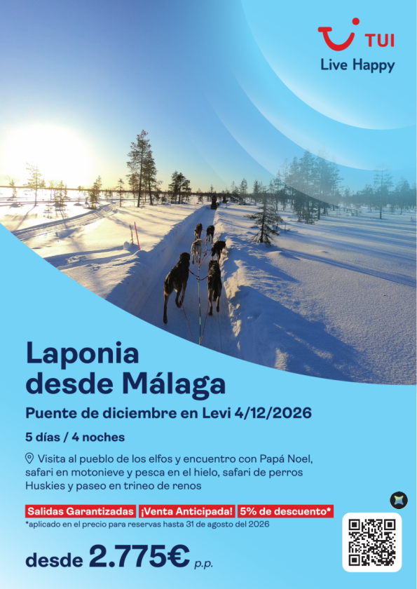 Laponia. Puente de diciembre en Levi desde AGP. 5 días / 4 noches. 5% Dto VA. Desde 2.775 &euro; 