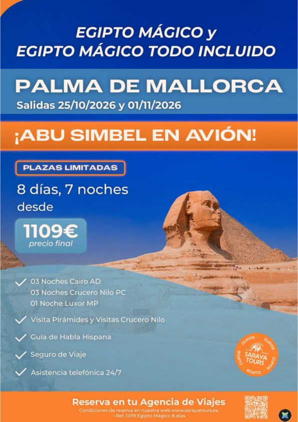 ?Egipto Mágico con Abu Simbel en Avión: Salida Palma de Mallorca 25/10/26 ¡¡Últimas Plazas!!