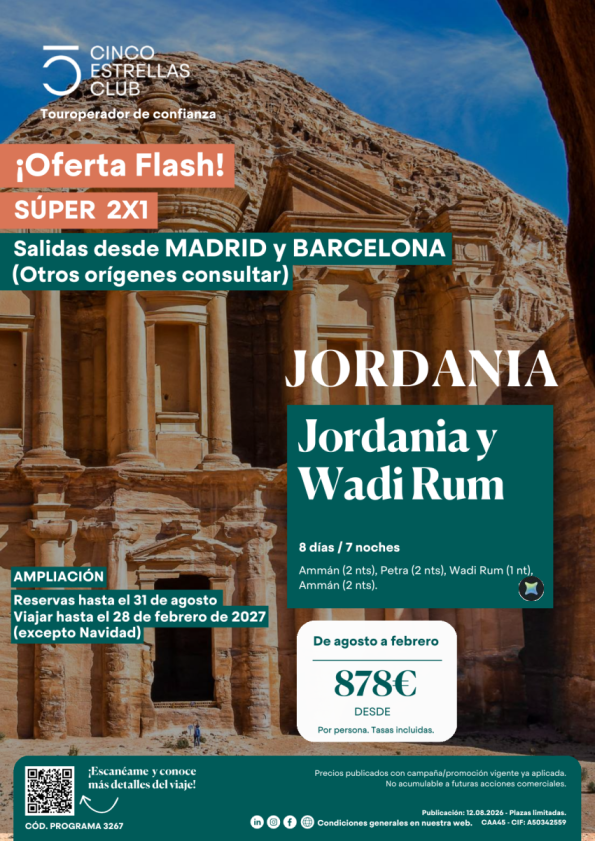 Oferta Flash | Súper 2x1 Jordania y Wadi Rum, 8d/7n dsd 878 &euro; x pax sal. agost-feb. Mad&Bcn reserv.hsta 31.08