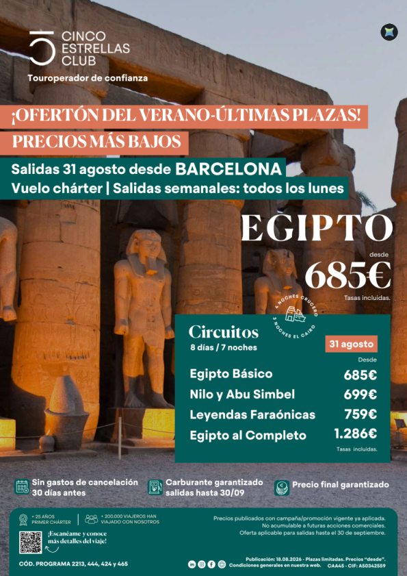 Ofertón verano - Precios más bajos | Egipto Últimas Plazas dsd 685 &euro; Sal. 31 de agosto dsd Barcelona